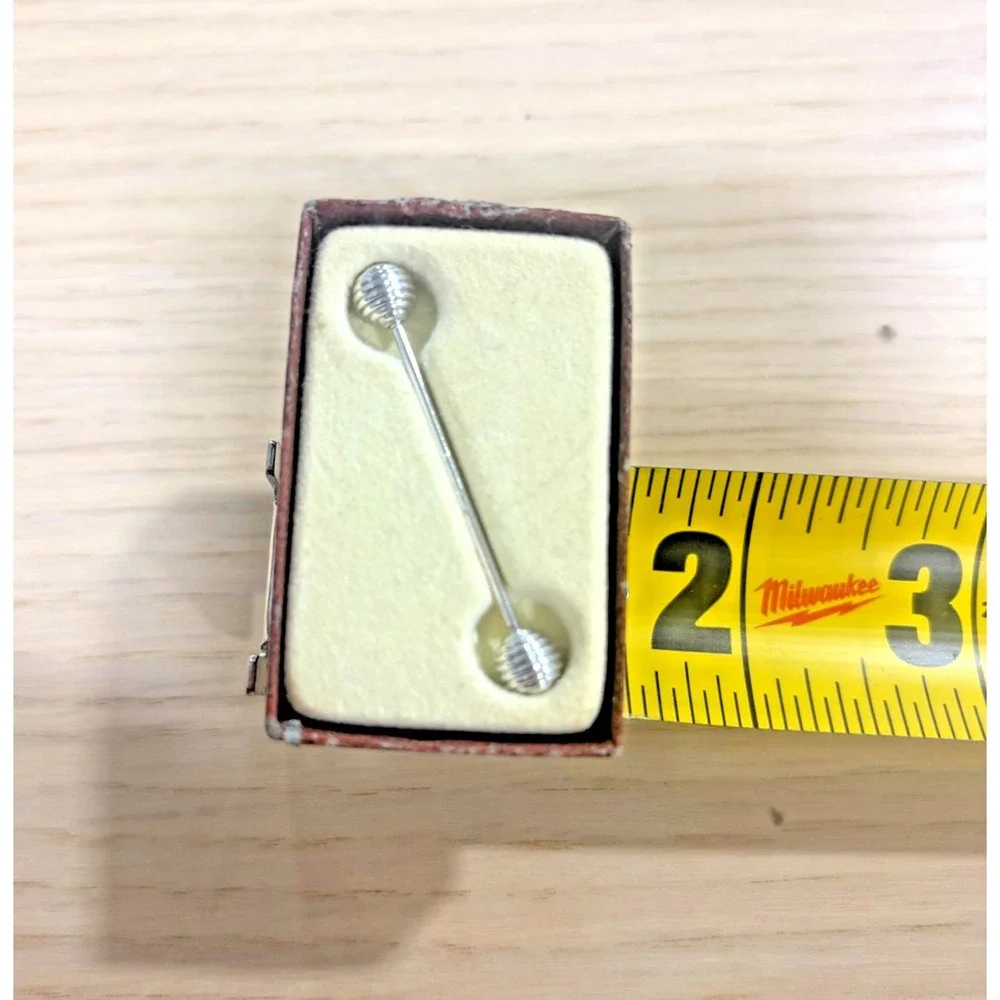 Vintage Barbell Collar Pin Dumbbell Tie Pin Silver Tone Novelty Jewelry - Picture 2 of 3